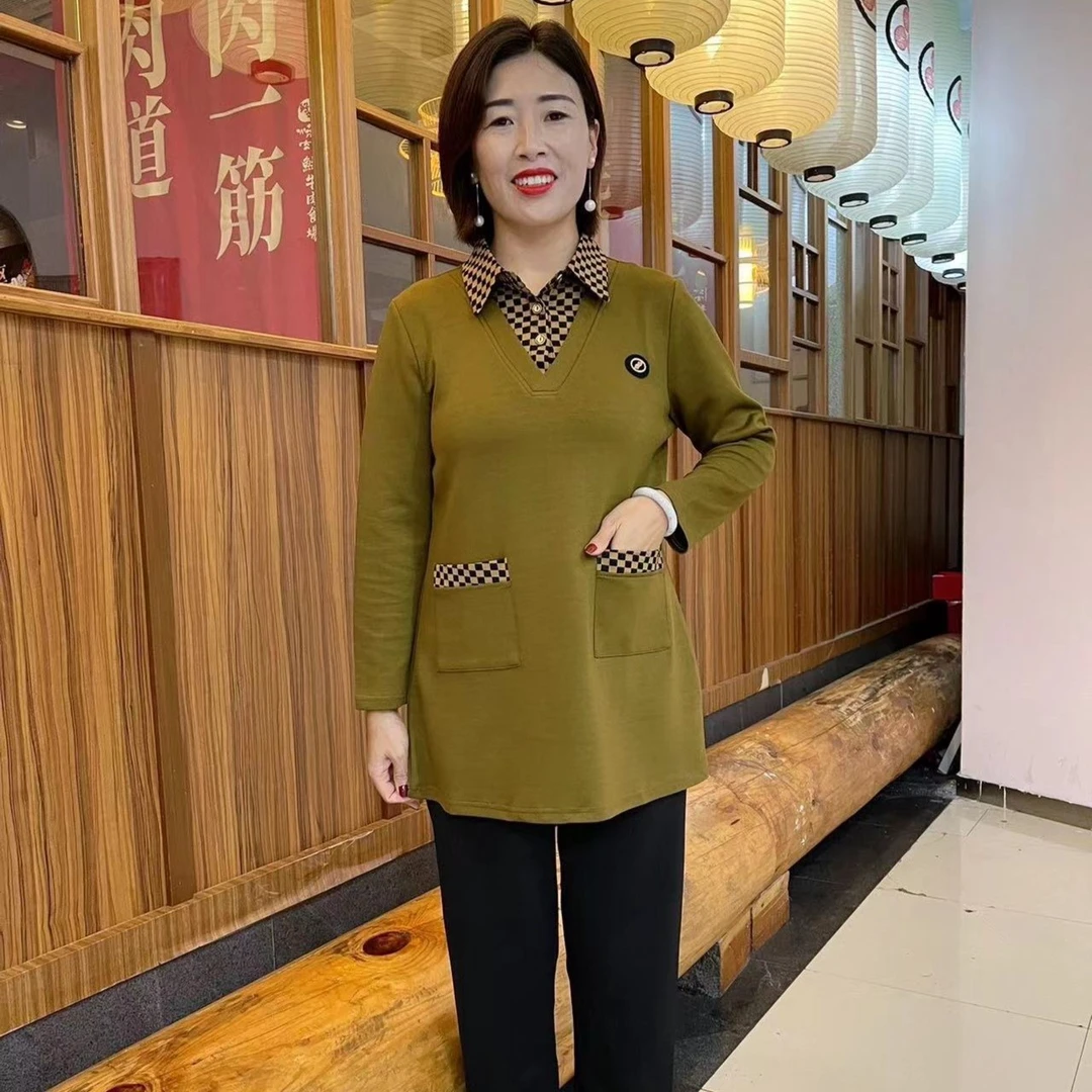 秋季大码妈妈装假两件衬衫领加肥加大女士上衣