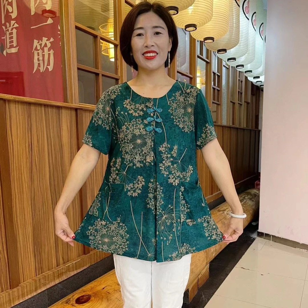大码妈妈装中老年时尚夏季小衫圆领显瘦