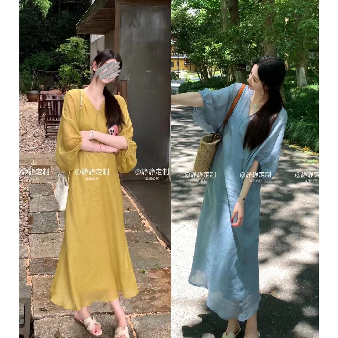 JING 【优雅成型】100苎麻炒色工艺慵懒随性宽松小众V领长裙带吊带