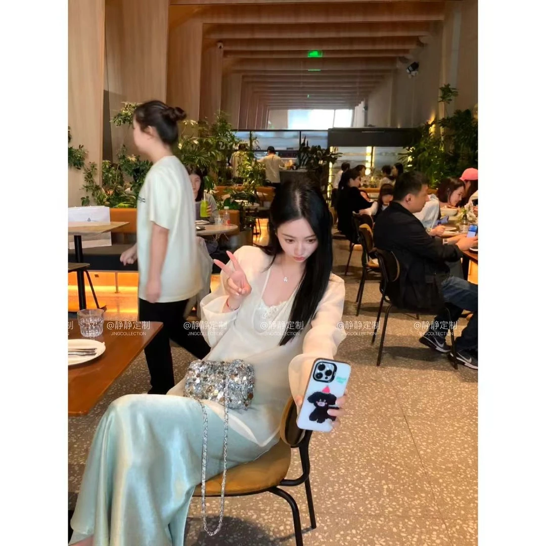 JING【薄荷曼波】2024夏季新款小众高级感气质简约肌理纹缎面半身裙