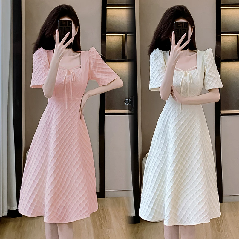 法式高级感小众方领收腰显瘦白色连衣裙女夏季大码法式小个子裙子