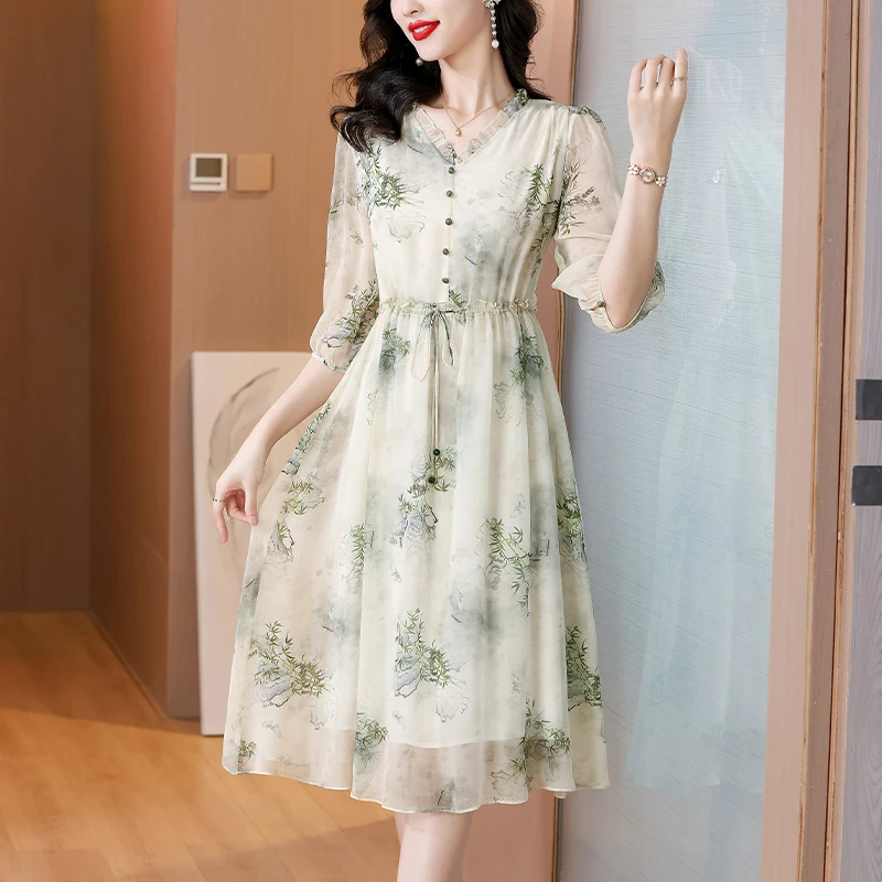 法式轻奢温柔风收腰显瘦印花雪纺连衣裙女夏季大码气质木耳边长裙