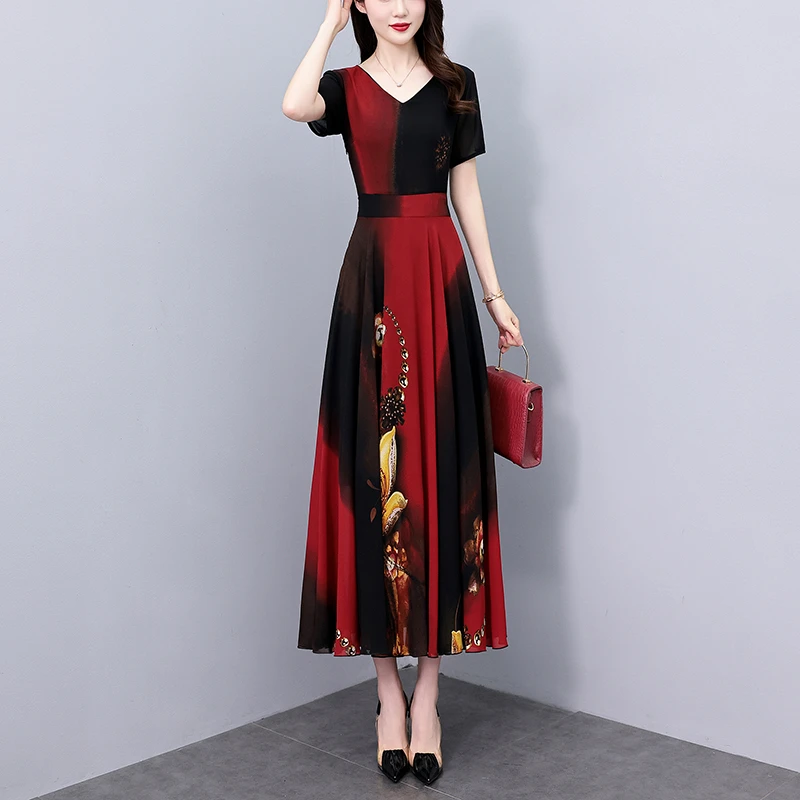 法式气质高级感收腰显瘦雪纺碎花连衣裙女夏季大码减龄印花妈妈裙