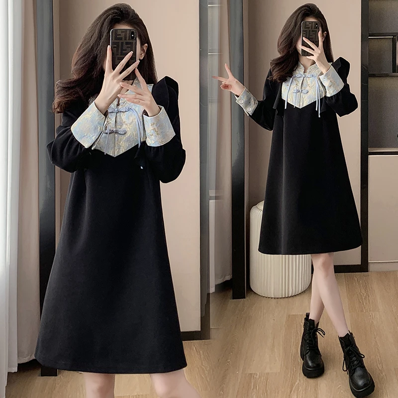 新中式复古改良气质提花连衣裙女秋季新款大码宽松遮肚显瘦卫衣裙