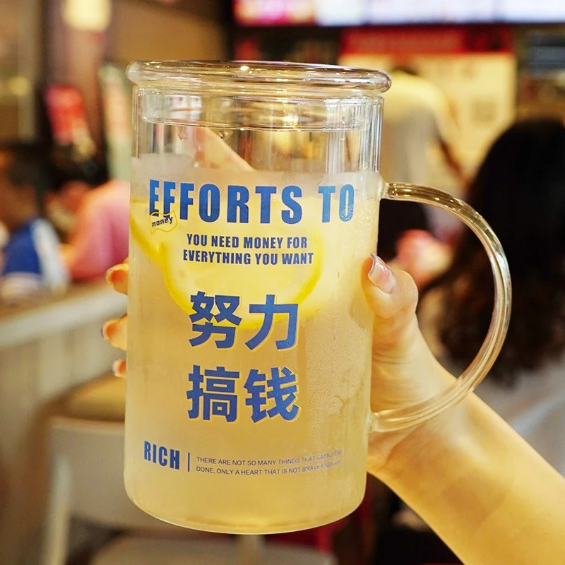 1000ml大容量带盖杯子家用喝水杯女耐高温玻璃带把刻度杯男泡茶杯