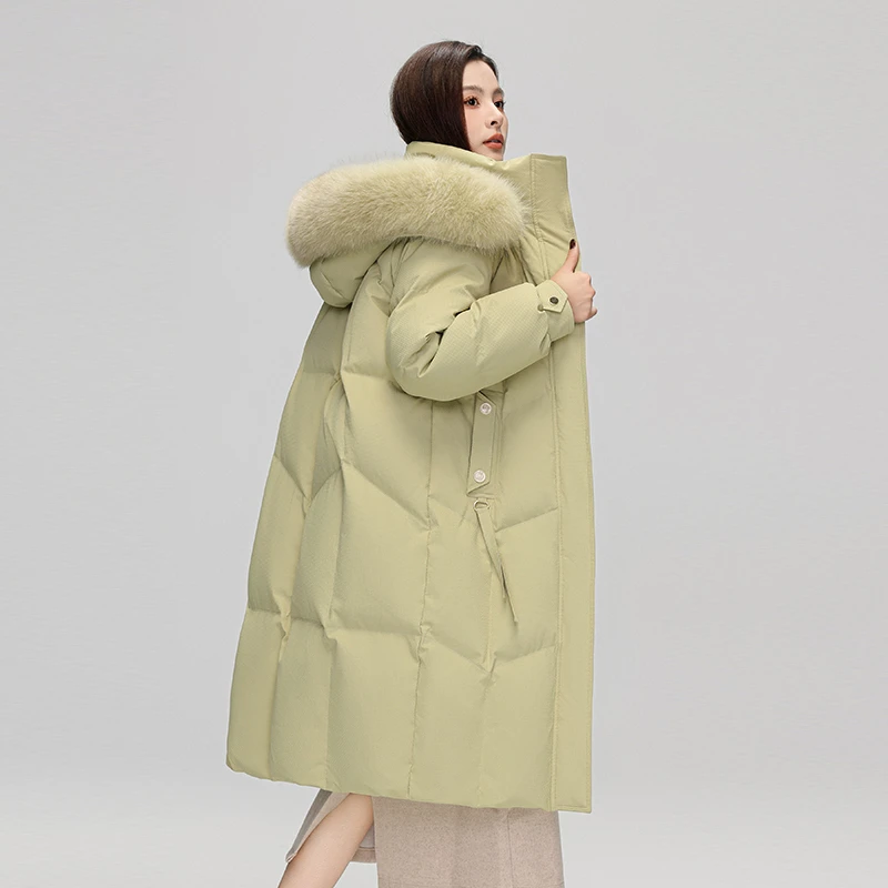 V/雅鹿狐狸大毛领羽绒服女中长款过膝时尚连帽保暖加厚白鸭绒外套