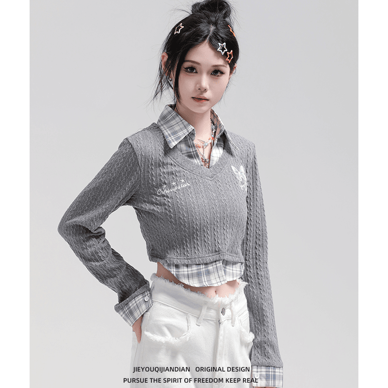 vintage衬衫领假两件针织衫女学院短款露腰脐甜辣妹上衣闺蜜长袖