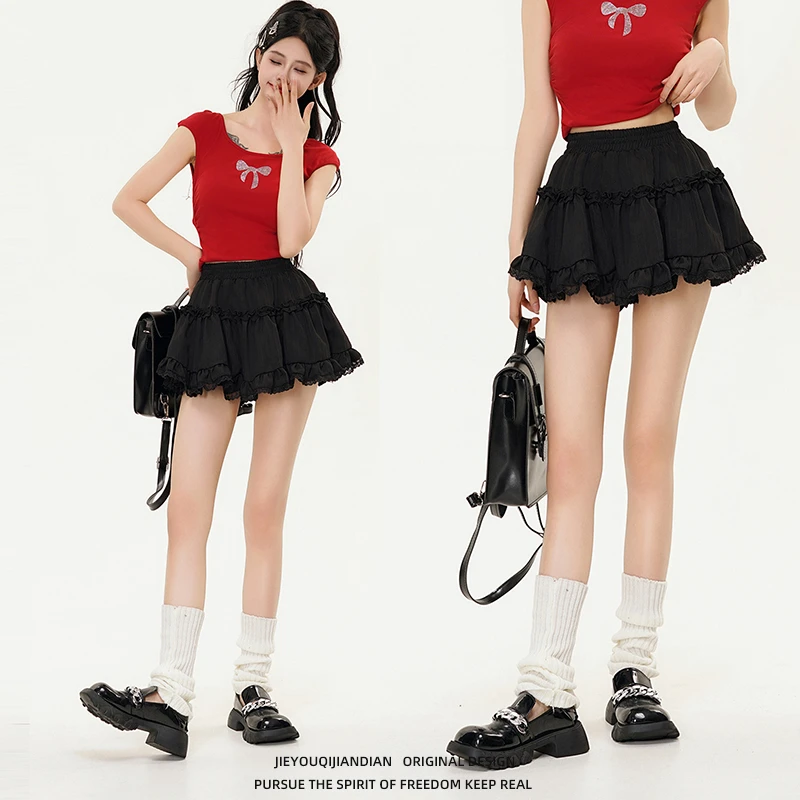 黑色蕾丝边蛋糕裙女短款修身显瘦T恤套装半身裙蓬蓬短裙高腰裙子