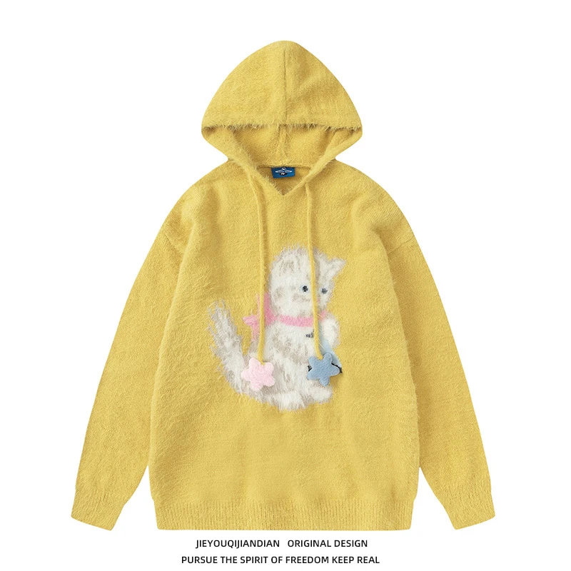 vintage复古线衣奶fufu可爱小猫连帽毛衣学生宽松百搭情侣针织衫