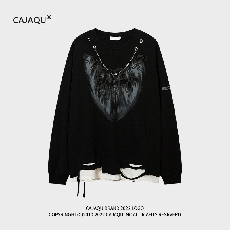 欧美潮牌嘻哈涂鸦破洞假两件长袖T恤男秋季宽松百搭休闲叠穿卫衣