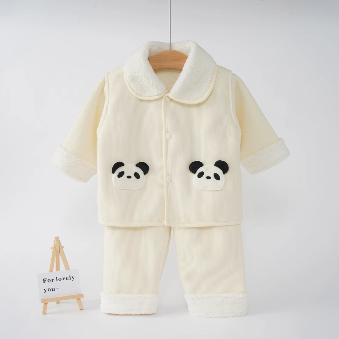 【春季新款】男女宝宝加绒翻领毛绒两件套婴幼儿外穿套装
