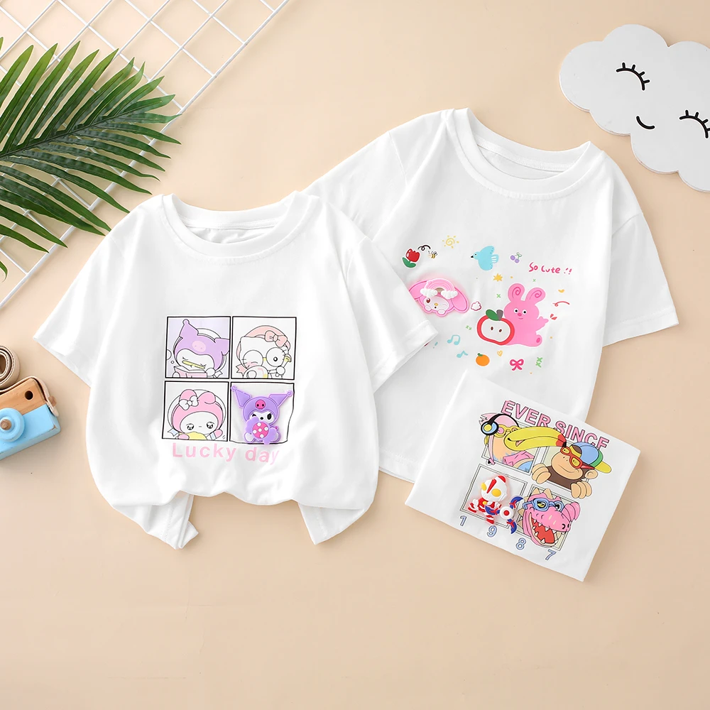 X2451儿童T恤夏季薄款白色烫画卡通女童圆领印花女孩夏款中小童