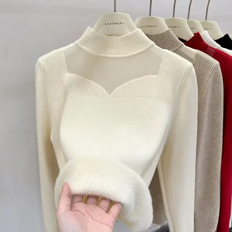 加绒毛衣女加厚冬季百搭一体绒设计感网纱可外穿半高领针织打底衫