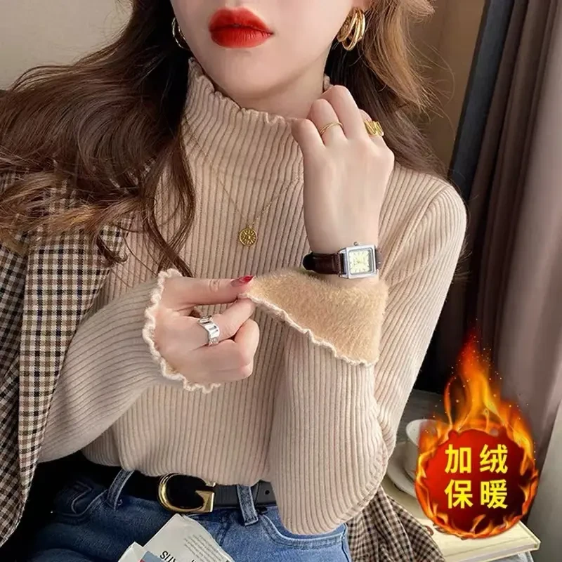 加绒加厚一体绒 木耳边竖条坑毛衣女内搭冬季半高领保暖上衣