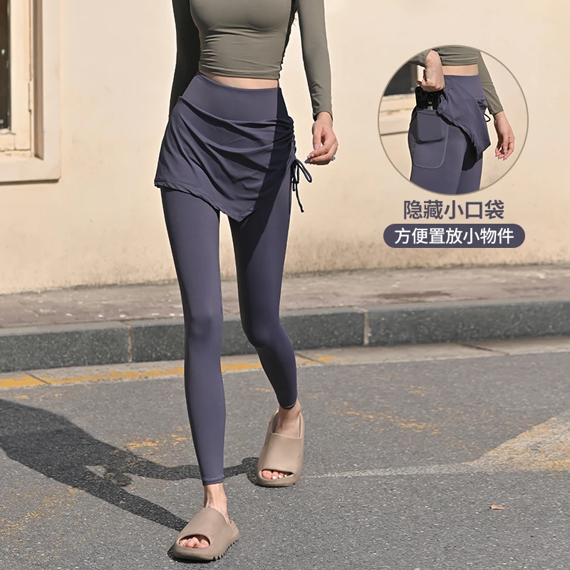 岚纹假两件抽绳运动跑步紧身瑜伽裤女显瘦训练骑行高腰收腹健身裤