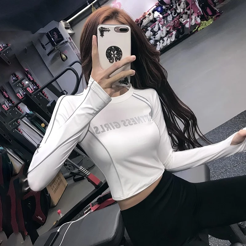 岚纹反光短款健身上衣女圆领跑步显瘦瑜伽服百搭训练运动长袖秋冬
