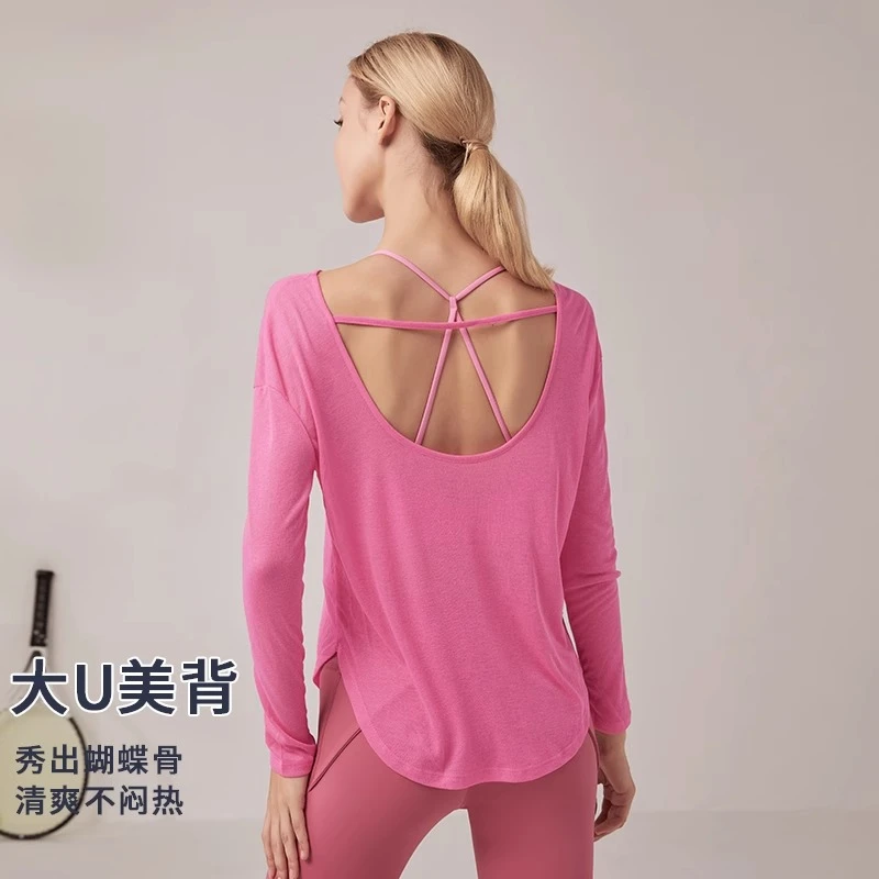 岚纹宽松训练运动上衣透气跑步大码罩衫t恤性感瑜伽服女健身长袖