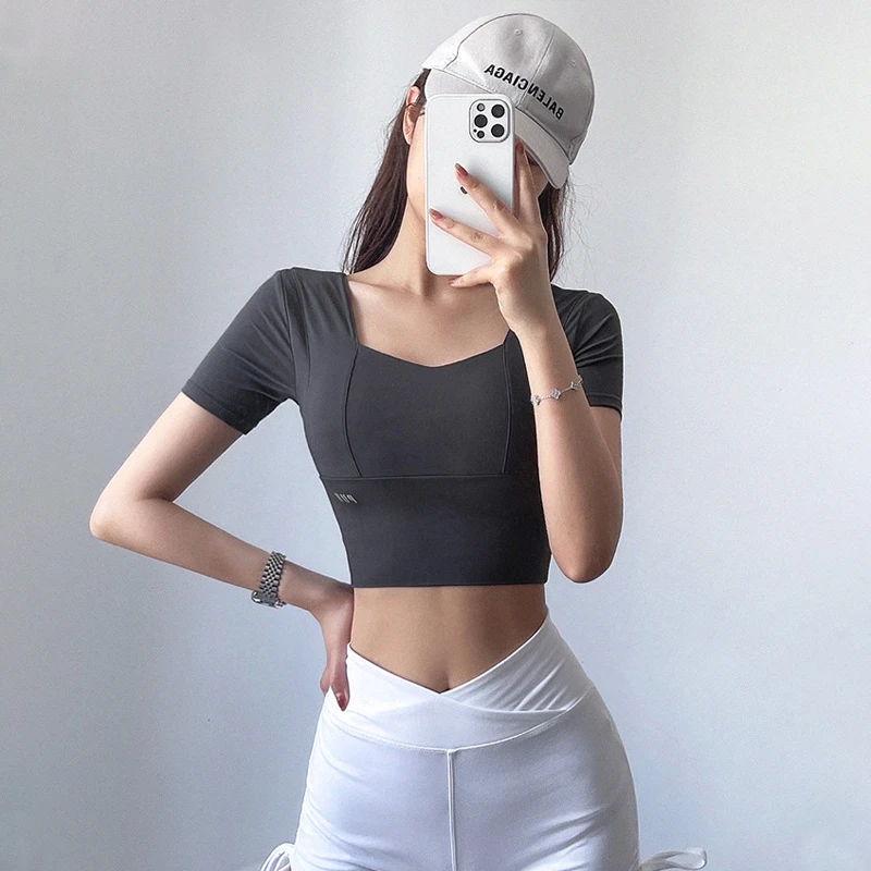 岚纹露脐含胸垫瑜伽服短袖紧身上衣速干弹力健身t恤薄款透气女
