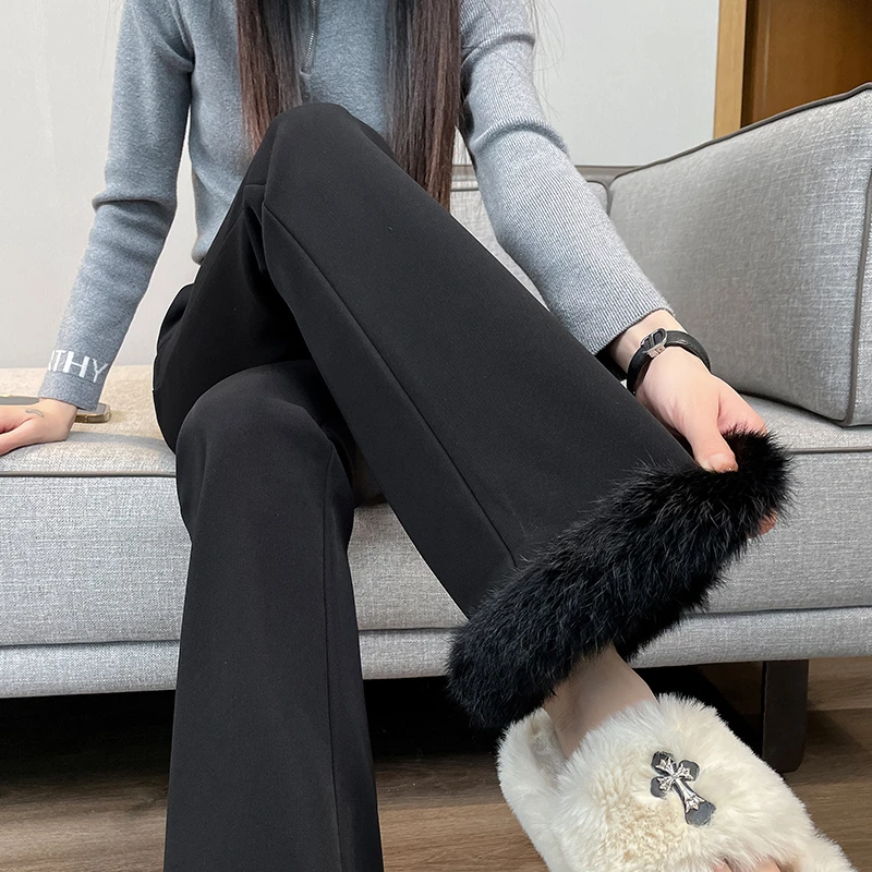 加绒微喇西装裤女秋冬2024新款黑色高腰显瘦兔毛边休闲喇叭马蹄裤