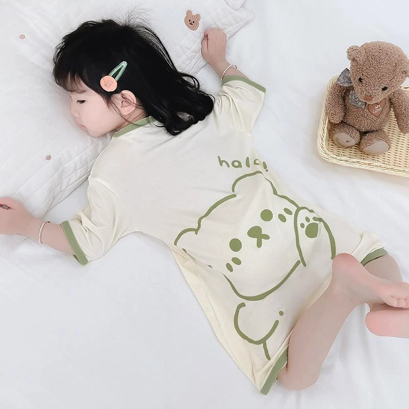 女童连体睡衣莫代尔宝宝儿童防踢被空调家居服夏季短袖小女孩睡裙