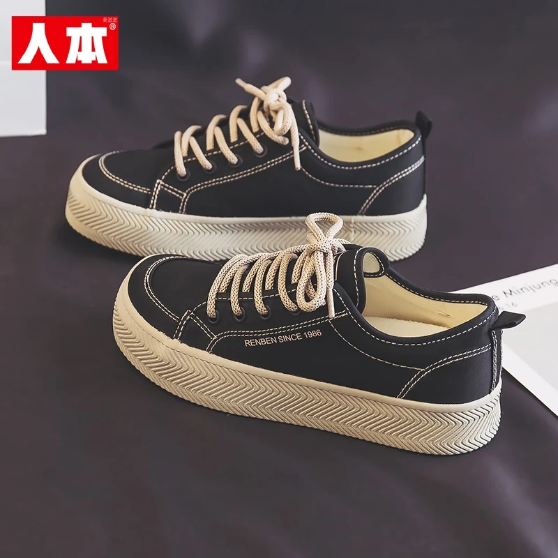 人本帆布鞋女2025新款春季小众休闲透气百搭黑色单鞋低帮学生板鞋