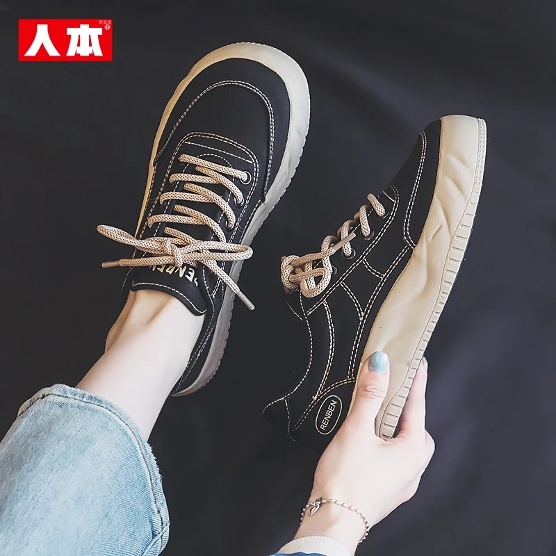 人本帆布鞋女2025新款春季黑色潮鞋ins低帮运动复古潮流休闲板鞋