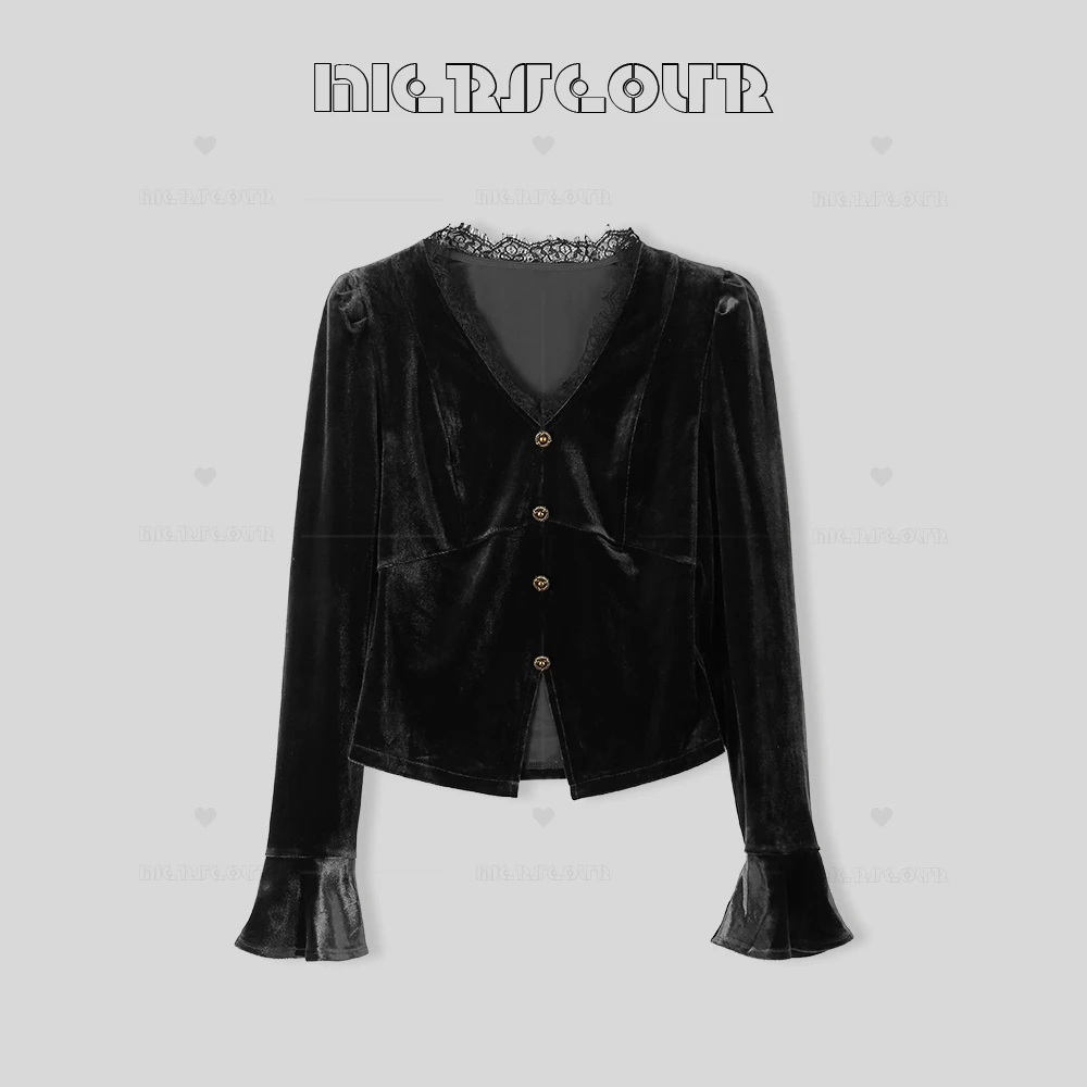 2024新款法式优雅丝绒喇叭袖上衣8832135