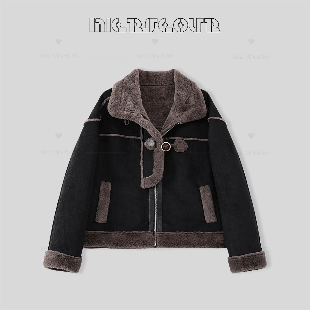 复古机车风翻领毛绒外套8863250