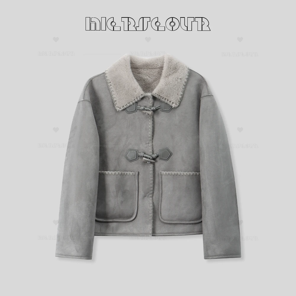 新款复古牛角扣翻领毛绒外套86A1596