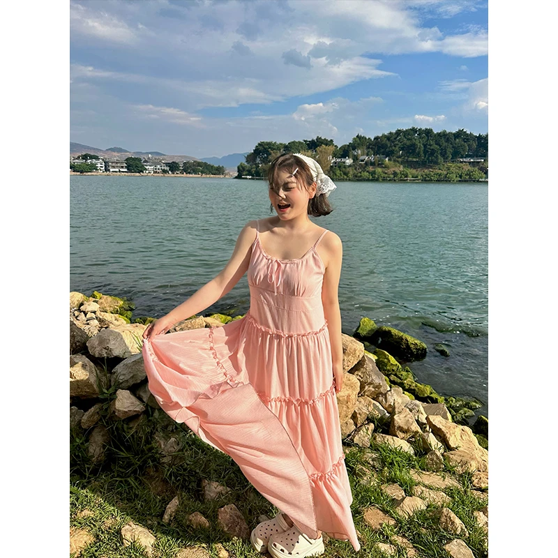 waitintin 莫奈花园风 法式浪漫宽松长裙女气质仙女吊带连衣裙
