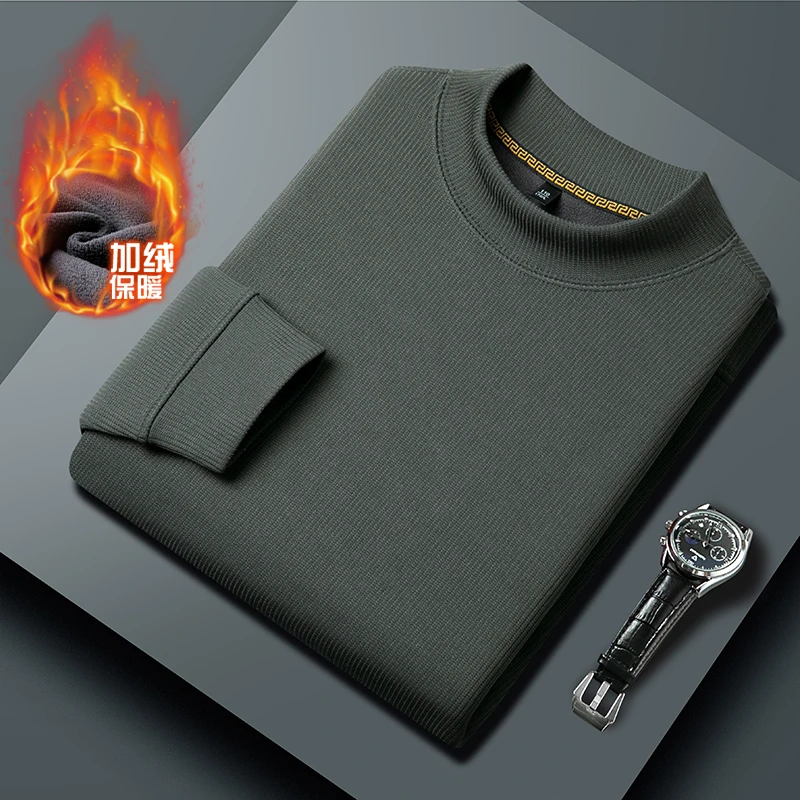 加绒卫衣男秋冬季半高领含羊毛桑蚕丝男士时尚加厚长袖t恤打底衫