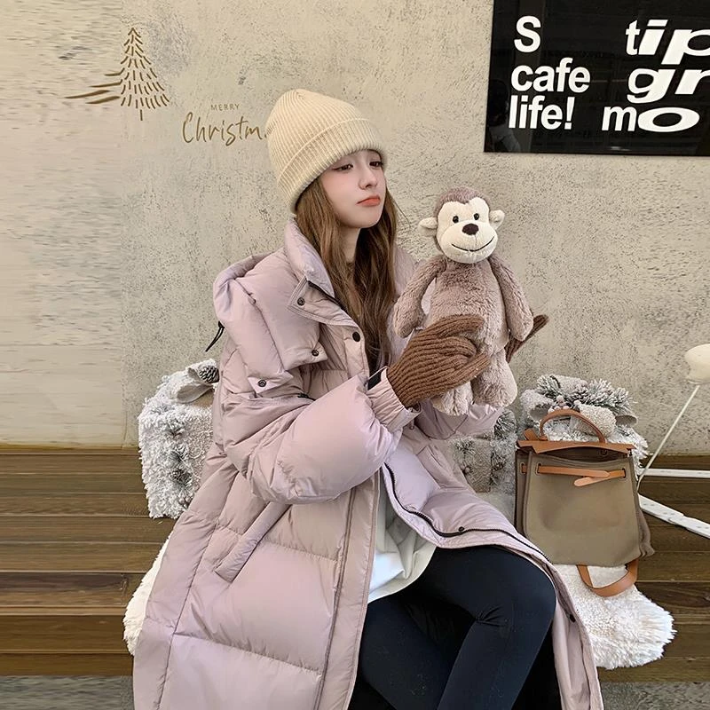 TOUCH MISS轻奢设计感小众粉色羽绒服女长款过膝保暖90白鸭绒外套