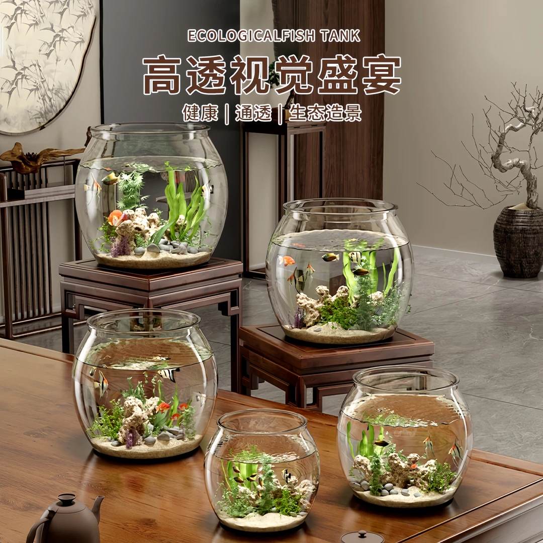 鱼缸桌面家用客厅2024新款养鱼生态缸小型精致塑料圆形小鱼缸造景
