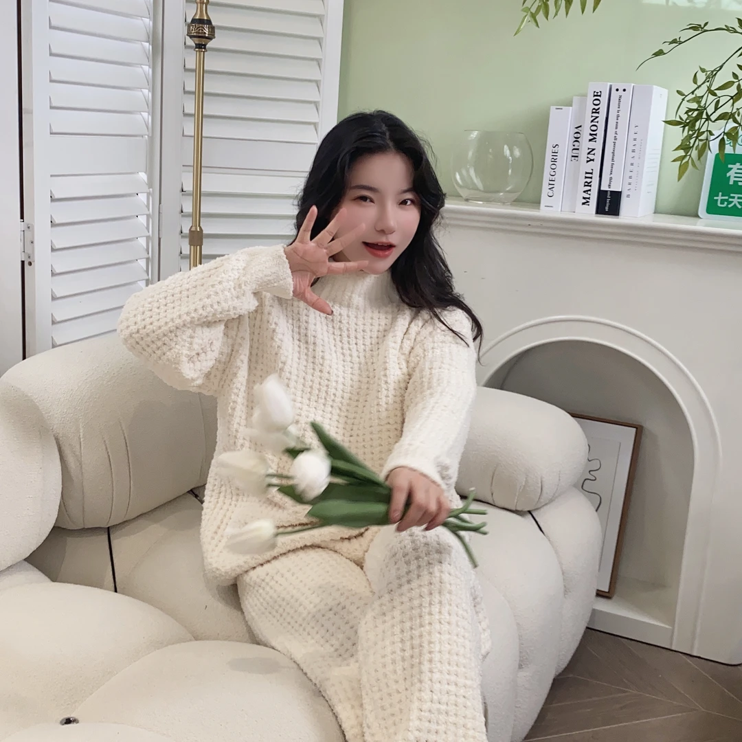 2024秋冬季女士舒适加厚宽松华夫格睡衣女套装
