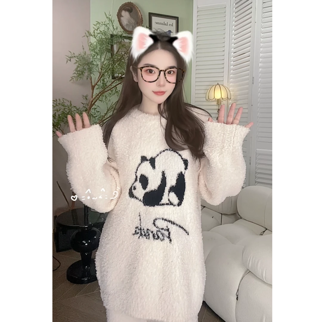 【保暖搭子】2024冬季新品熊猫软糯半边绒家居服女套装保暖搭子
