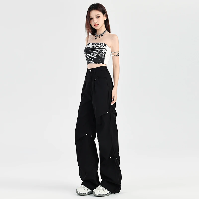 阔腿裤工装裤高腰美式牛仔休闲夏季高街宽松街舞牛仔黑色小众嘻哈