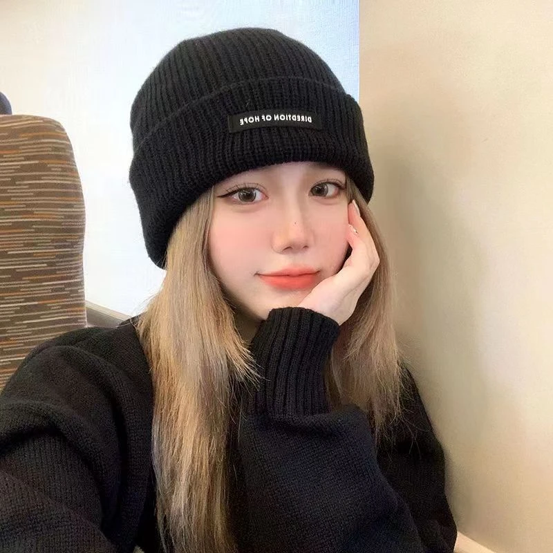 嘻哈针织帽男女秋冬百搭潮贴标毛线帽子男骑车防风包头保暖冷帽潮