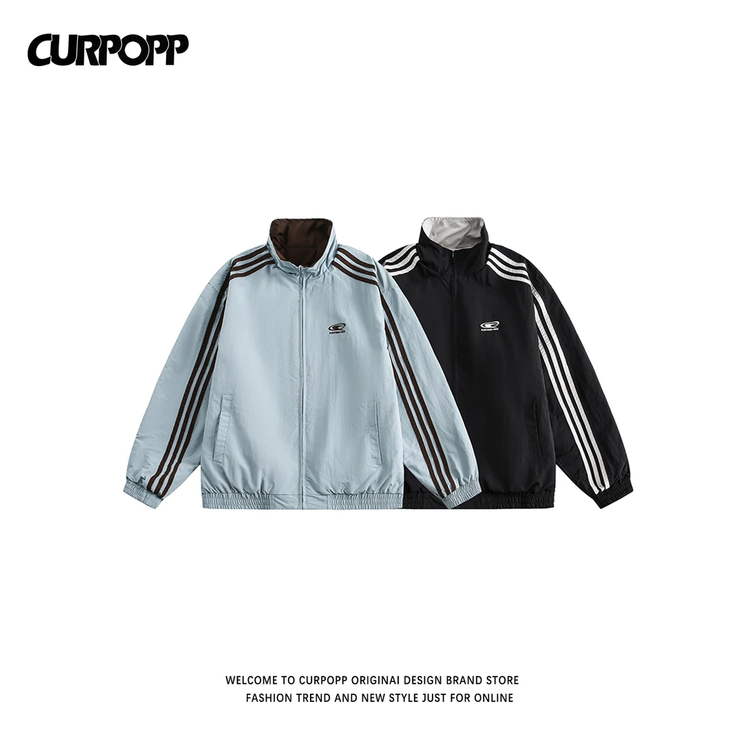 CURPOPP 双面穿三条杠外套小众2025秋季薄款美式立领运动情侣夹克