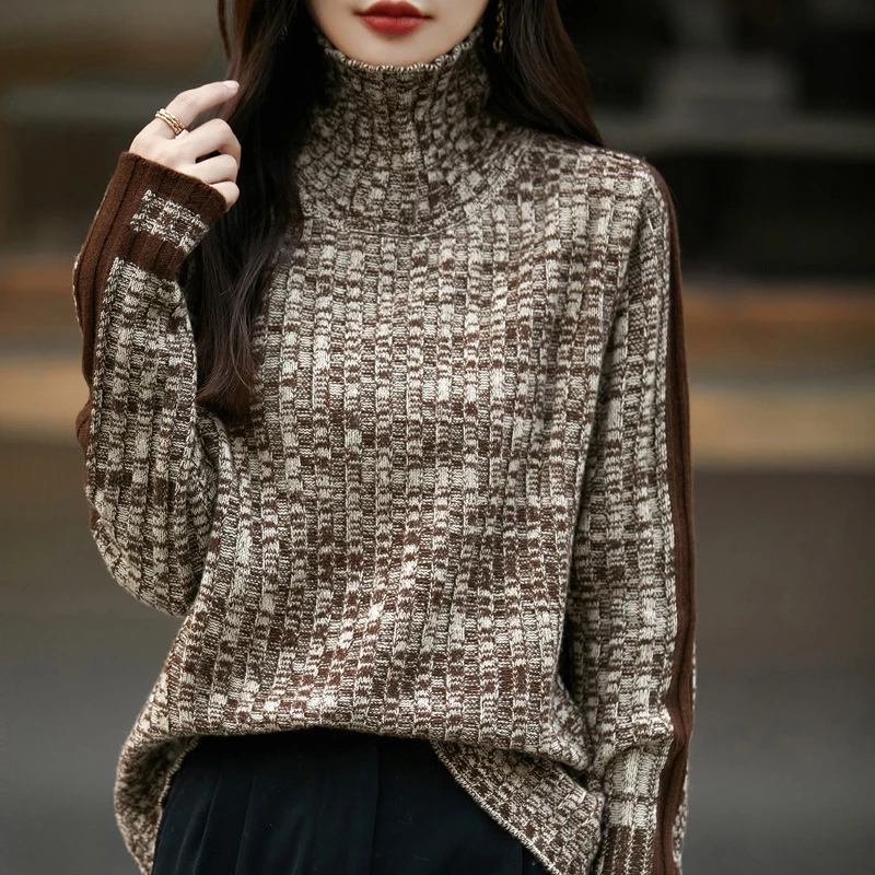 高领拼色毛衣女100纯山羊毛欧货高端宽松秋冬新款加厚打底针织衫