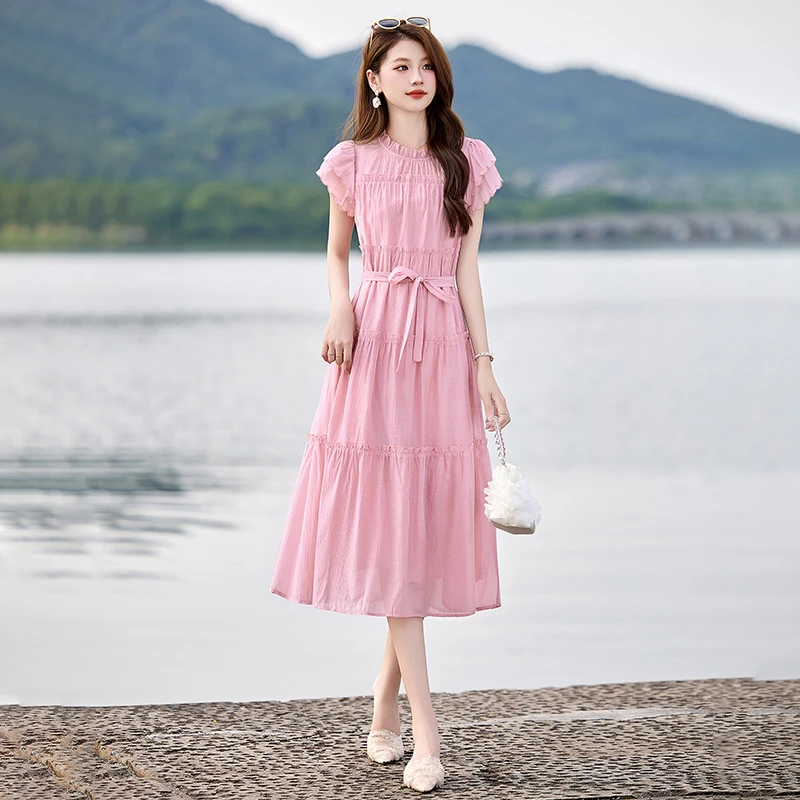 2025夏季小香风木耳边飞飞袖法式连衣裙收腰显瘦小个子气质长裙子