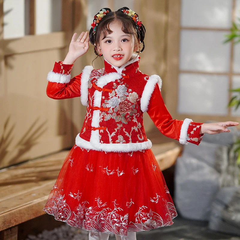 女童加绒拜年服喜庆新中式两件套连衣裙秋冬短裙可爱甜美新年套裙