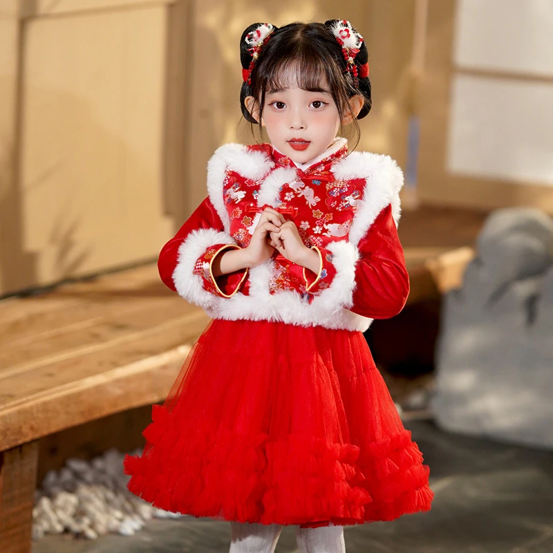 女童过年服红色儿童加绒加厚小女孩日常穿搭中国风洋气拜年服冬季