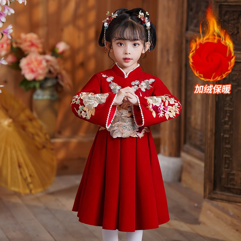 女童秋冬连衣裙加绒儿童红色唐装汉服加厚中国拜年旗袍宝宝公主裙