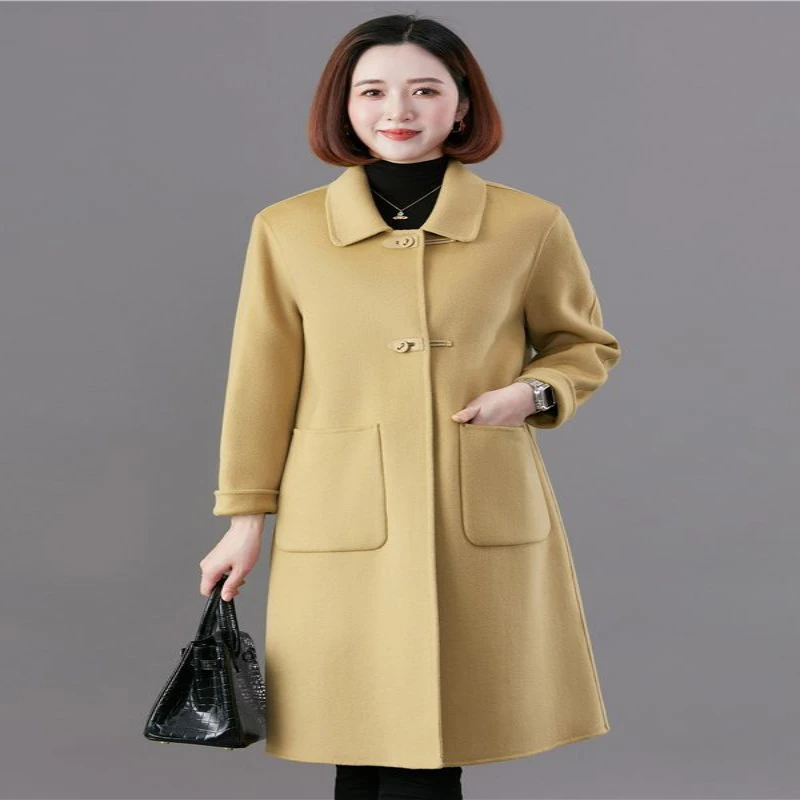 秋冬纯羊毛双面羊绒中年大衣女中长款毛呢子洋气大码时尚宽松外套