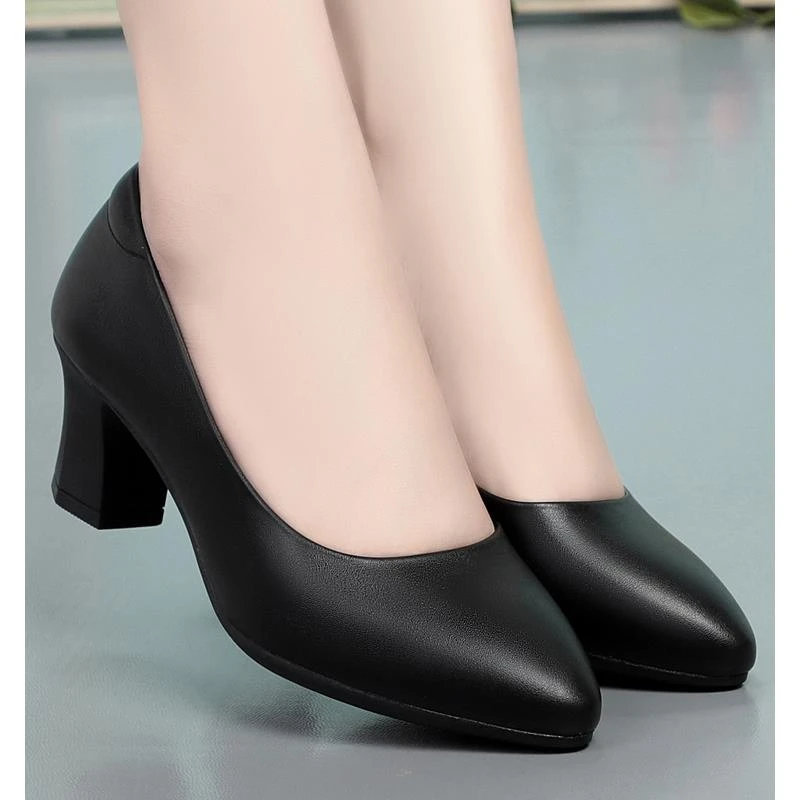 真皮工作鞋黑色工装正装工鞋职业软底高跟女士皮鞋女单鞋尖头女鞋
