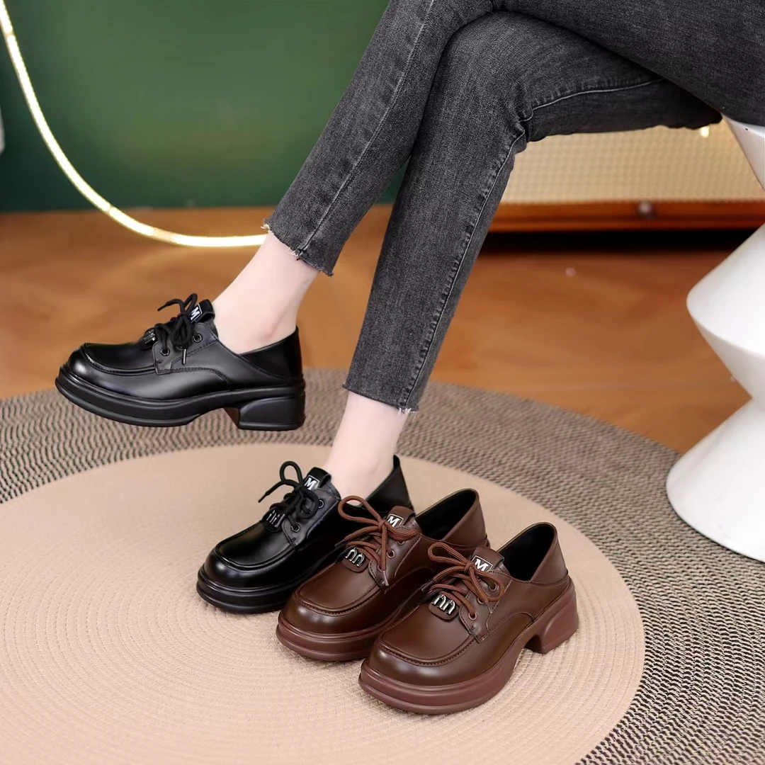 1313-1厚底乐福鞋女新款春季英伦风单鞋百搭软底显瘦系带小皮鞋