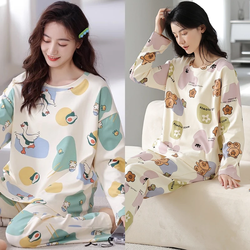 【买一送一】秋冬季新款卡通印花圆领甜美睡衣女款套装长袖长款外穿