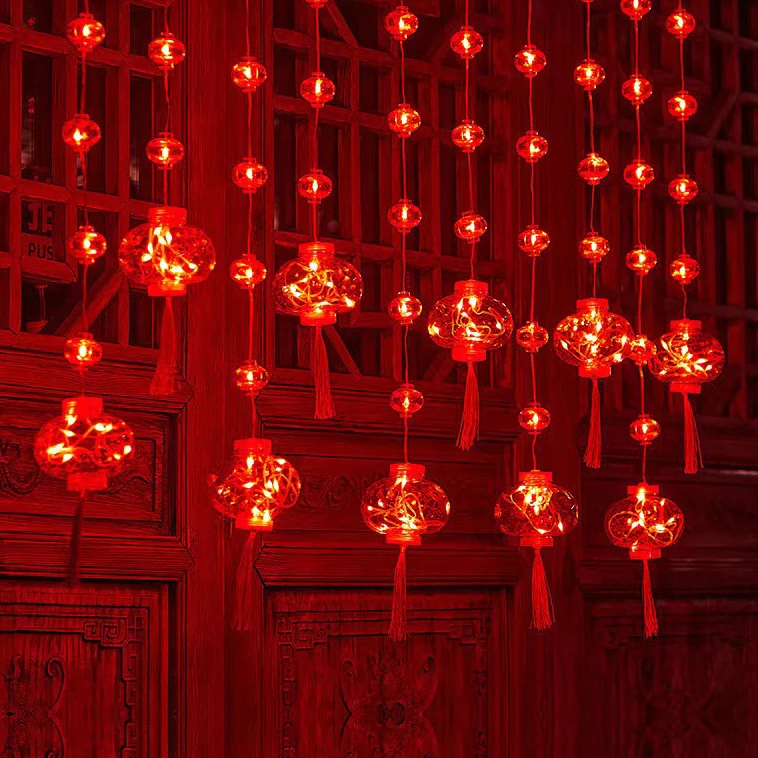 LED新年红灯笼窗帘灯节日氛围布置春节喜庆装饰彩灯布置窗户阳台