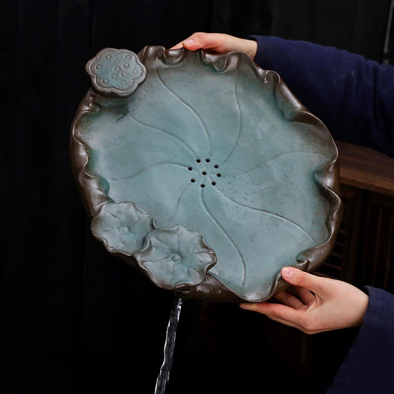 日式鎏金家用清荷莲香茶盘陶瓷储水排水双用干泡盘储水台陶瓷圆形