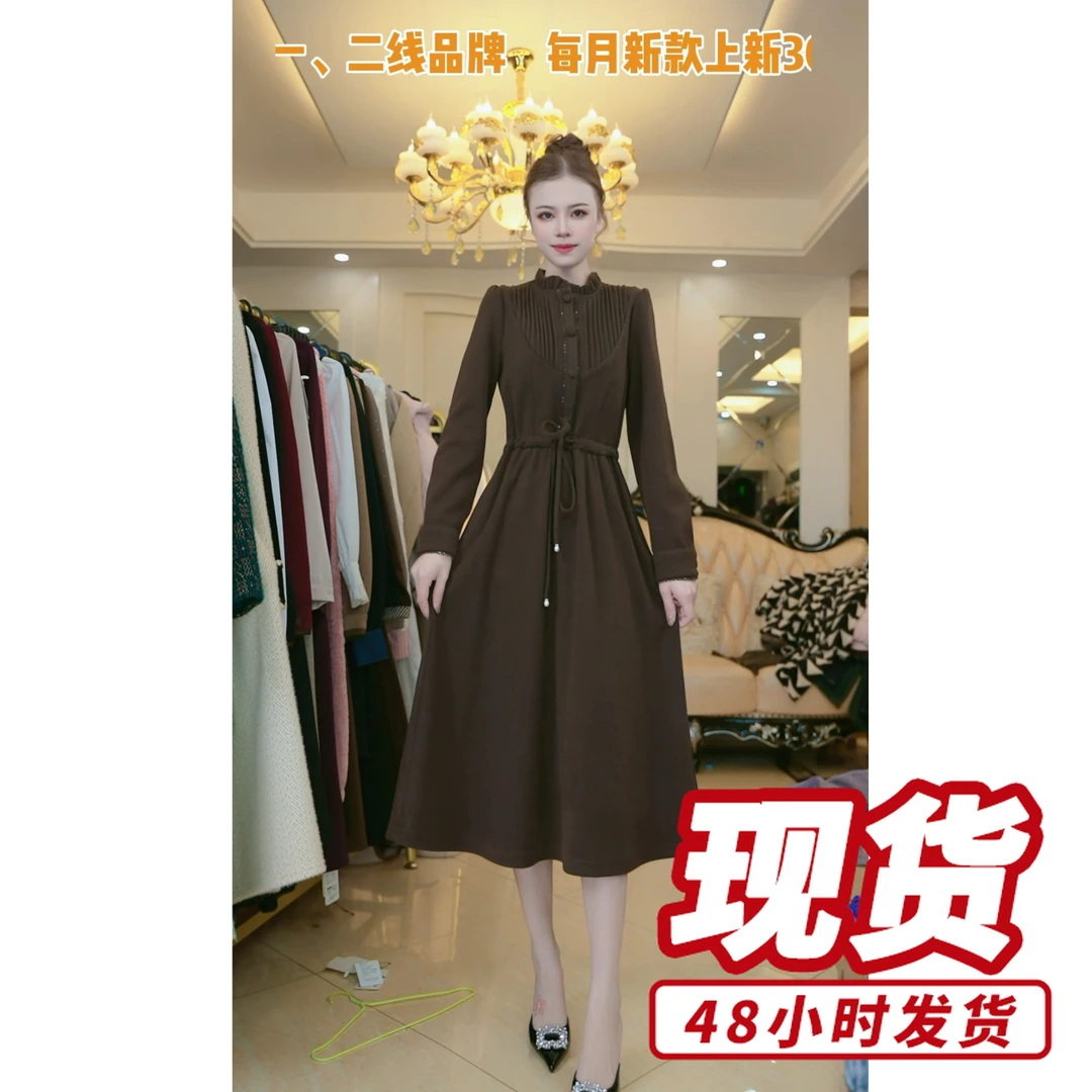 梦想服饰2024秋冬季复古轻奢长袖高端奢华收腰连衣裙6204